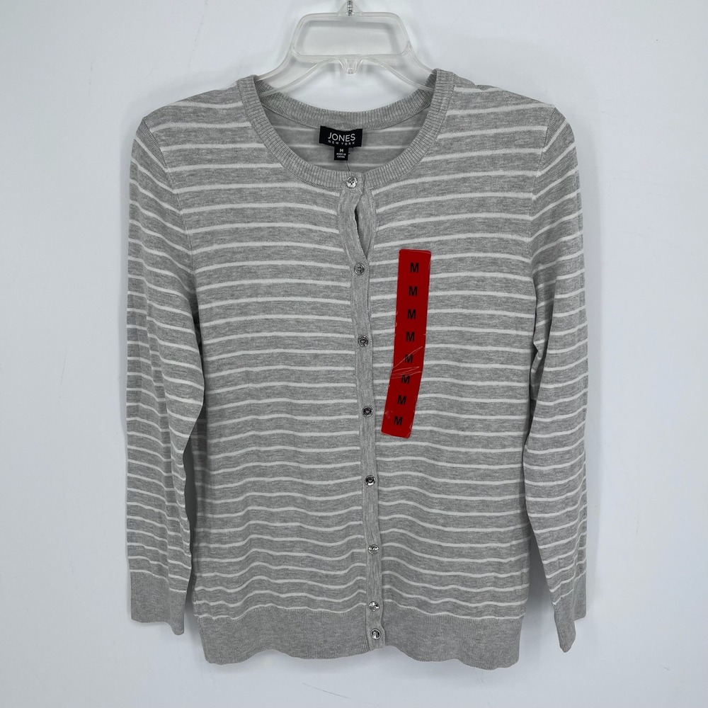 Jones New York NWT Women's Grey Striped Button Front Cardigan‎ Sweater Size M